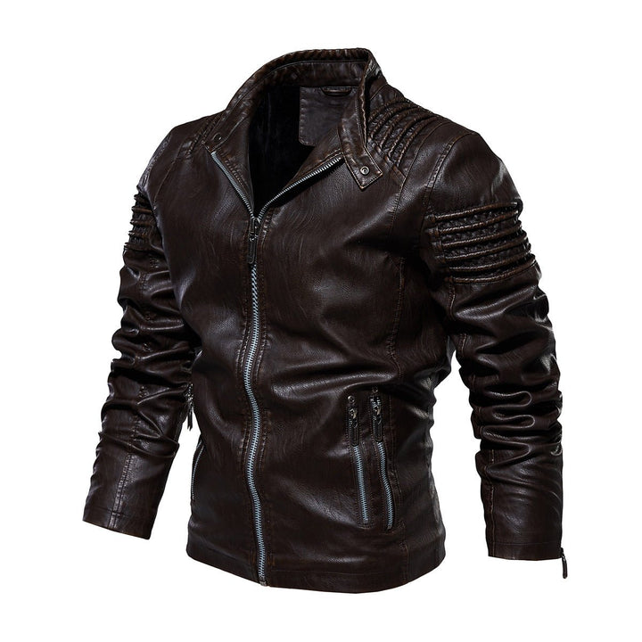 Men's Moto-Style Faux Leather Jacket Ribbed Shoulder - Brown