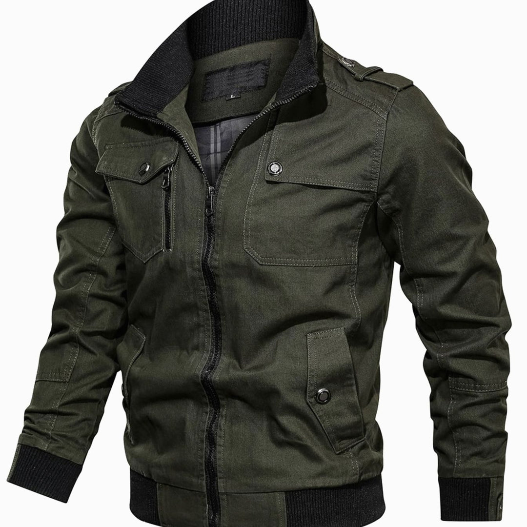 Men's Multi-Pocket Military Bomber Jacket Ribbed Cuffs - Army Green