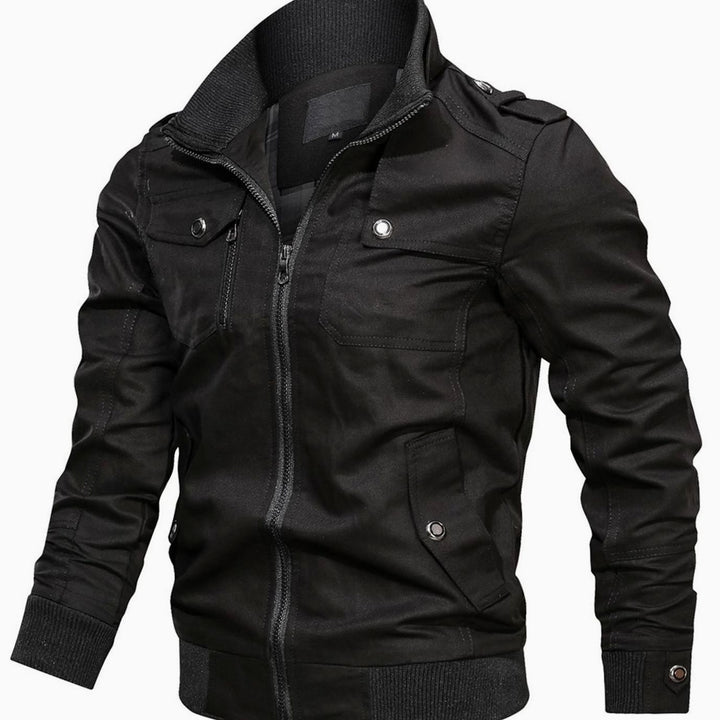 Men's Multi-Pocket Military Bomber Jacket Ribbed Cuffs - Black