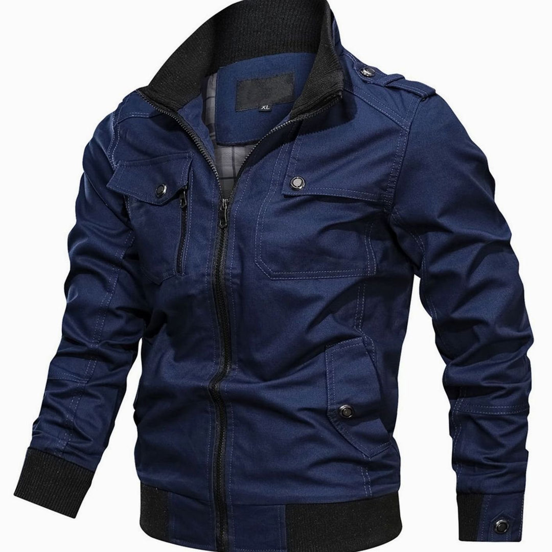 Men's Multi-Pocket Military Bomber Jacket Ribbed Cuffs - Dark Blue