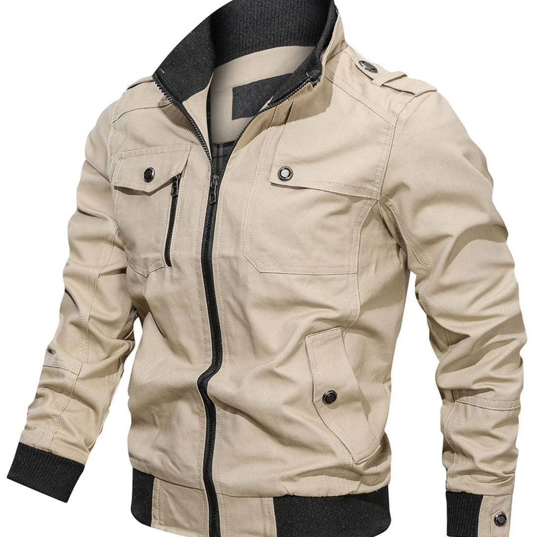 Men's Multi-Pocket Military Bomber Jacket Ribbed Cuffs - Light Khaki