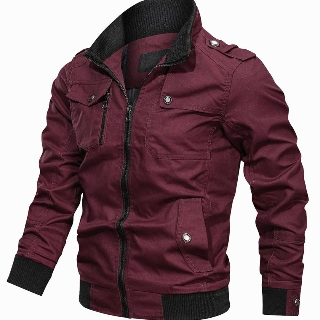 Men's Multi-Pocket Military Bomber Jacket Ribbed Cuffs - Burgundy