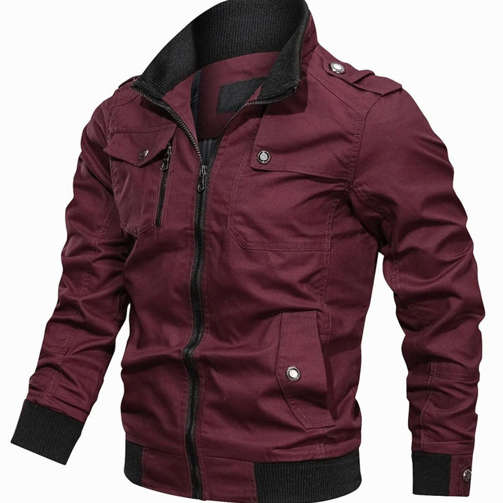 Men's Multi-Pocket Military Bomber Jacket Ribbed Cuffs - Burgundy