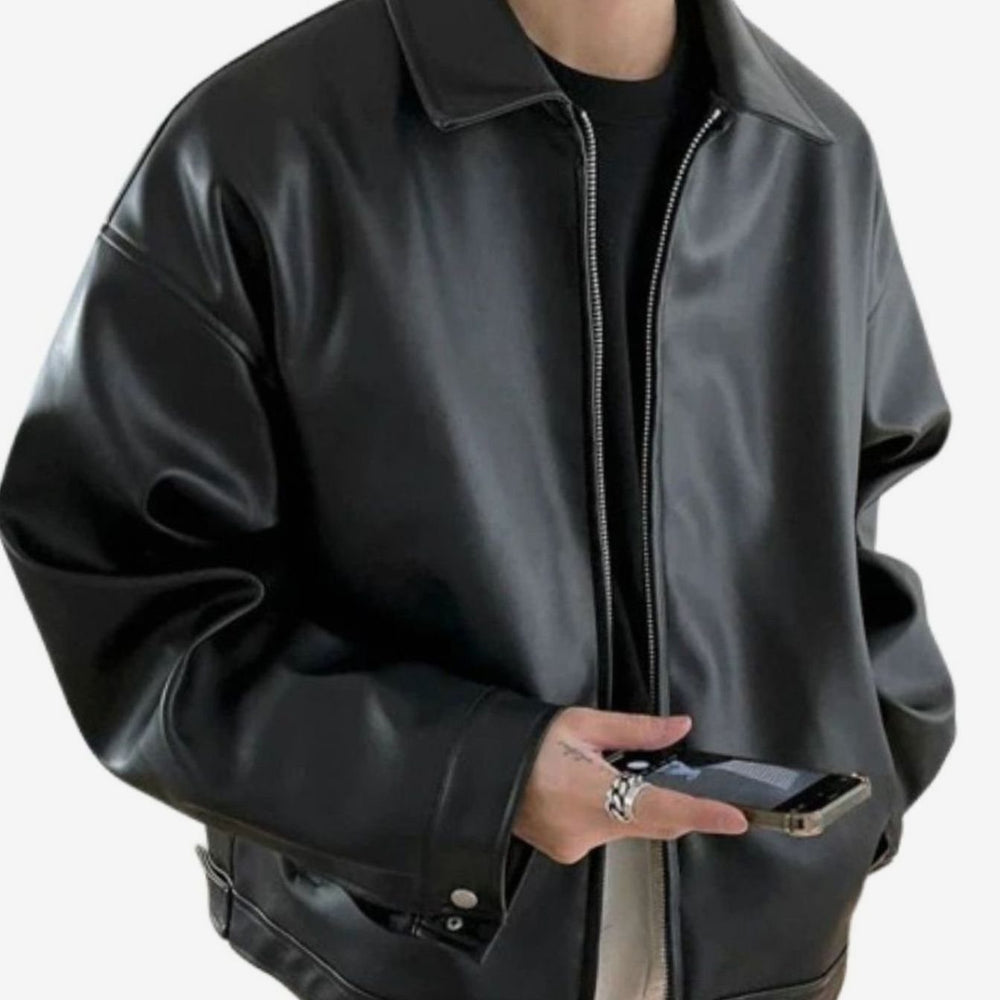 Men's Oversized Faux Leather Zip-Up Bomber Jacket