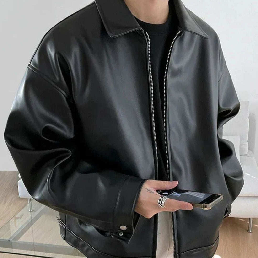 Men's Oversized Faux Leather Zip-Up Bomber Jacket - Black