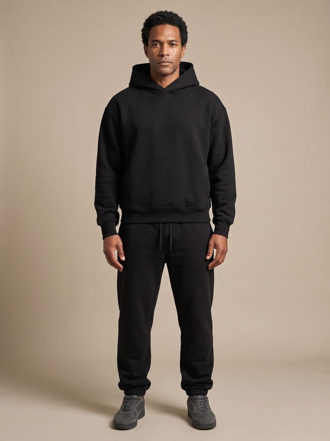 Men's Oversized Fleece Hoodie Jogger Tracksuit Set - Black