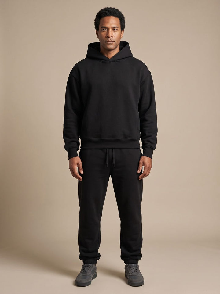 Men's Oversized Fleece Hoodie Jogger Tracksuit Set - Black