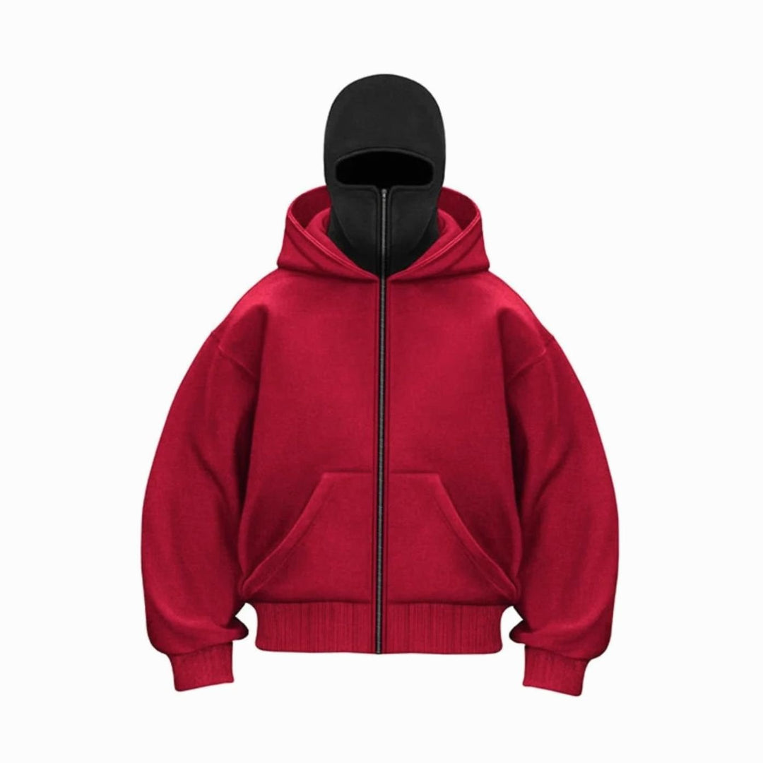 Men's Oversized Full-Zip Balaclava Hoodie Jacket - Red