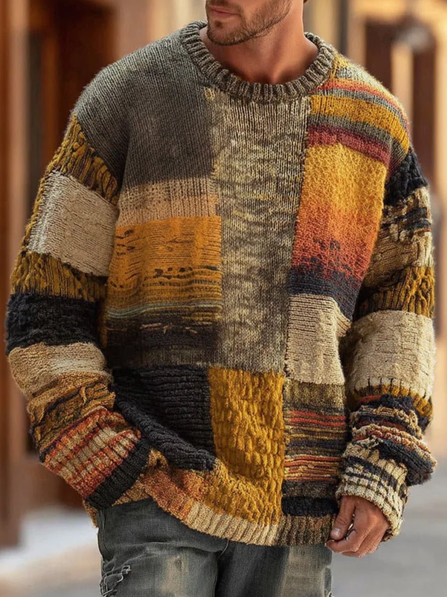 Men's Patchwork Colorblock Long Sleeve Knit Sweater - Abstract
