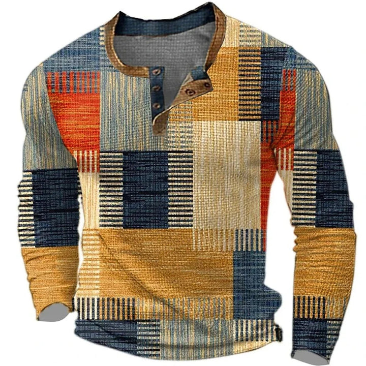 Men's Patchwork Plaid Henley Long-Sleeve Shirt - Brown