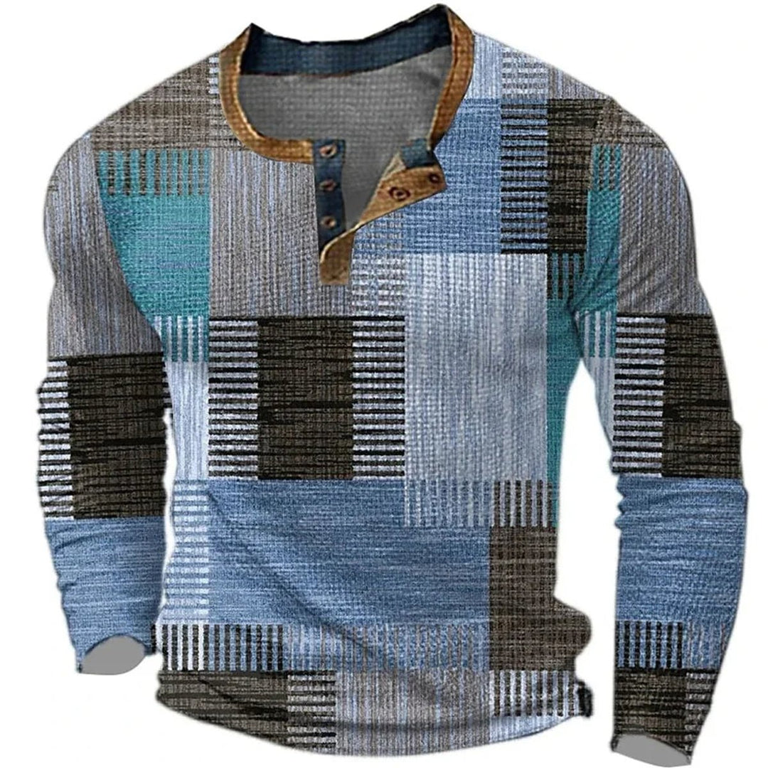 Men's Patchwork Plaid Henley Long-Sleeve Shirt - Blue