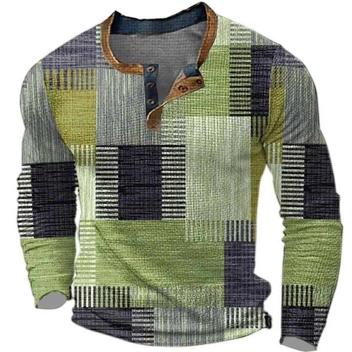 Men's Patchwork Plaid Henley Long-Sleeve Shirt - Green