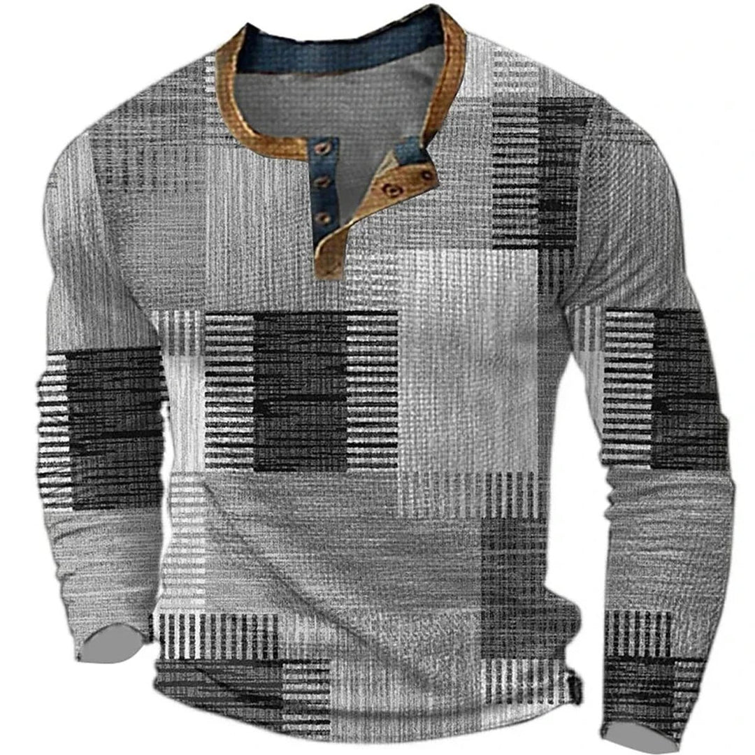 Men's Patchwork Plaid Henley Long-Sleeve Shirt - Gray