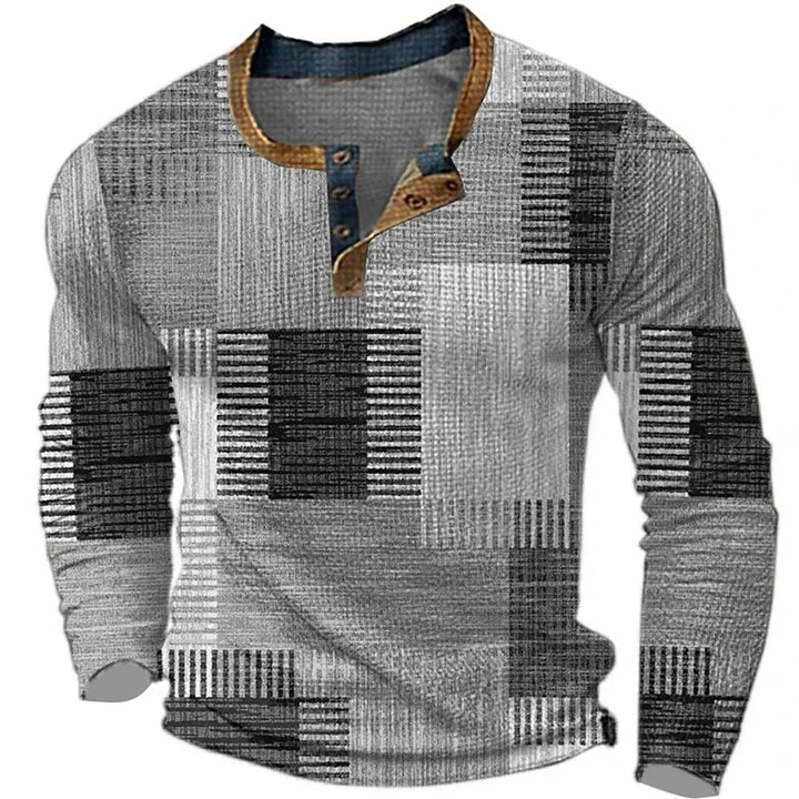 Men's Patchwork Plaid Henley Long-Sleeve Shirt - Gray