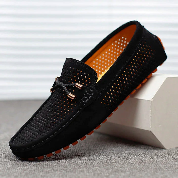 Men's Perforated Suede Slip-On Driving Loafers - Black