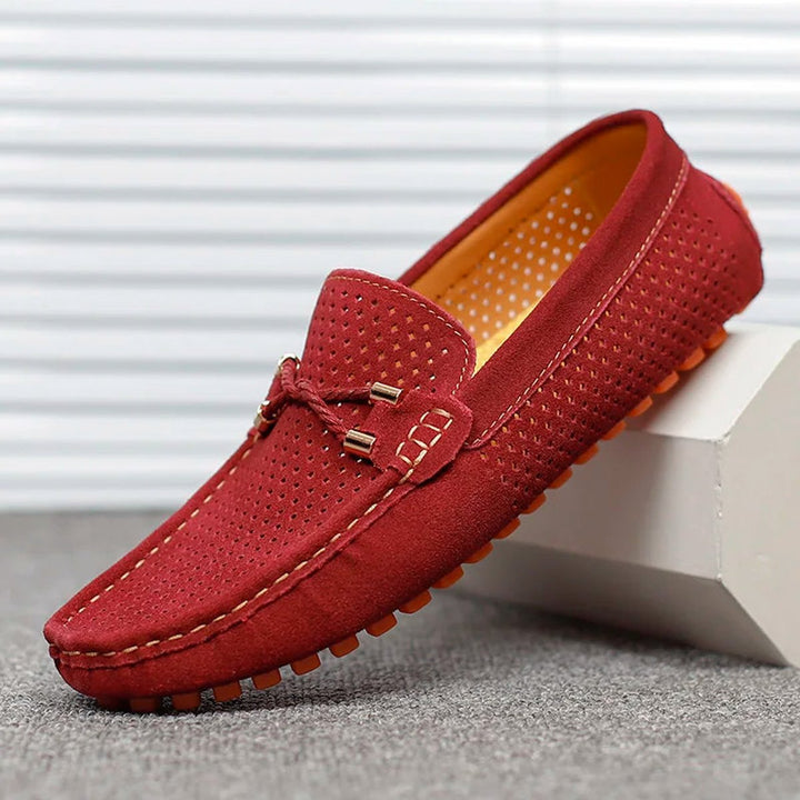 Men's Perforated Suede Slip-On Driving Loafers - Red