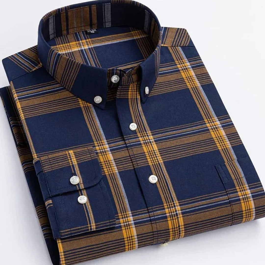 Men's Plaid Long-Sleeve Button-Down Shirt - Dark Blue