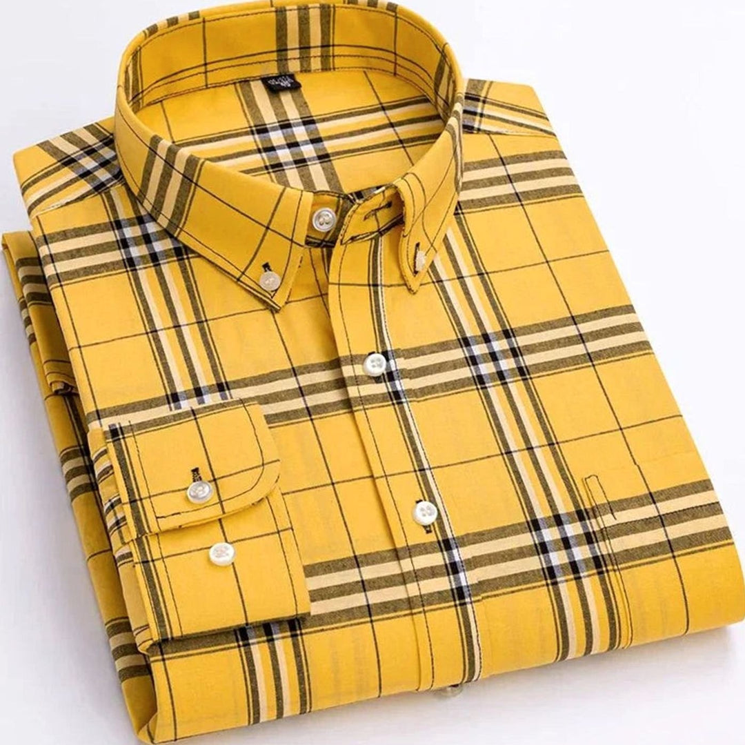 Men's Plaid Long-Sleeve Button-Down Shirt - Yellow