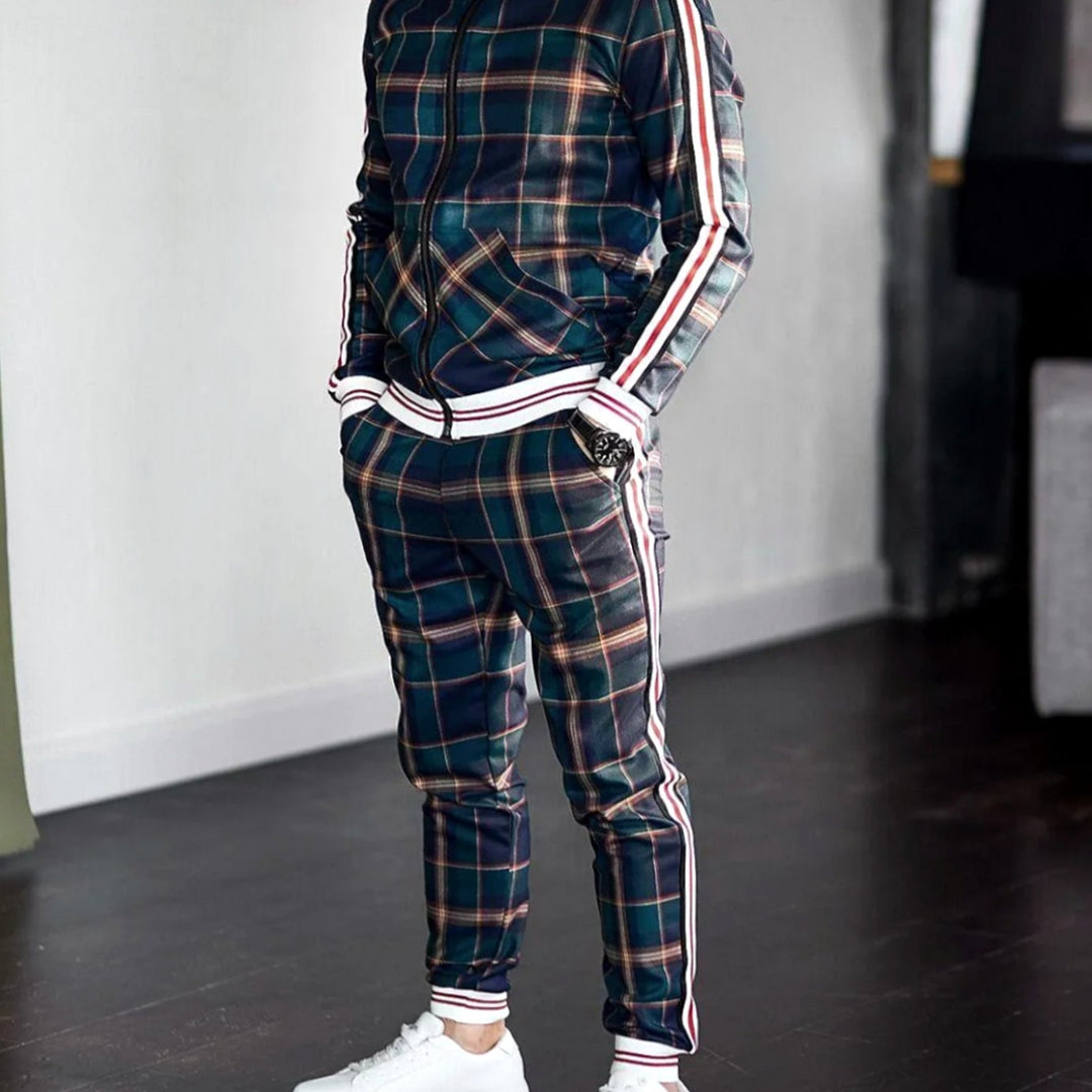 Men's Plaid Side-Stripe Two-Piece Jogging Tracksuit - Green