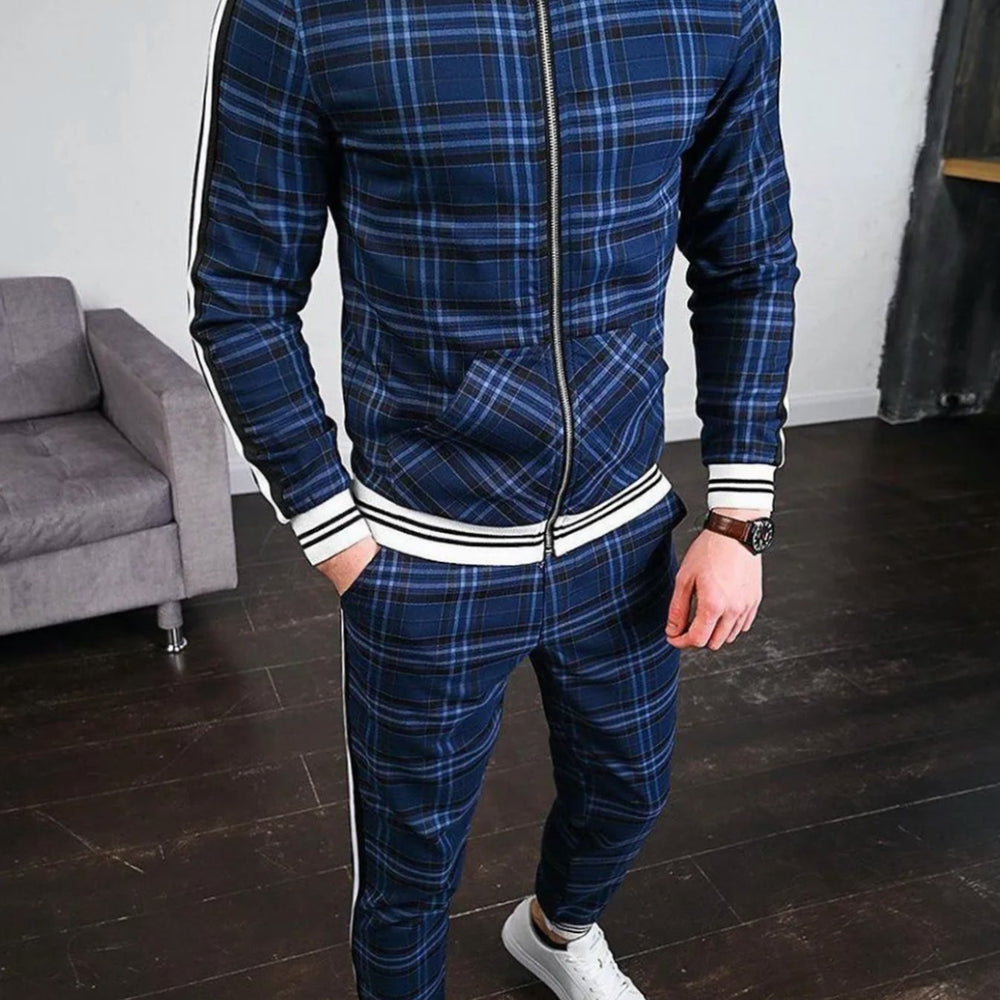 Men's Plaid Side-Stripe Two-Piece Jogging Tracksuit - Blue
