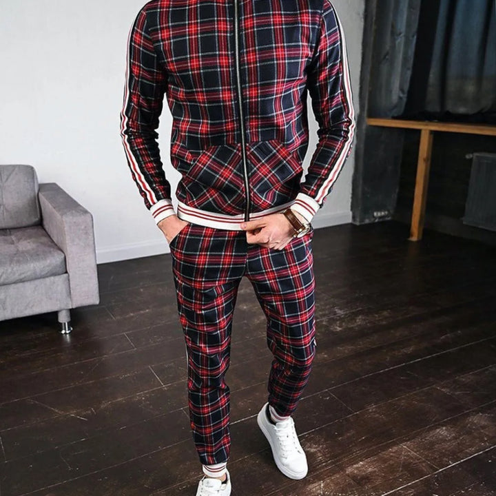 Men's Plaid Side-Stripe Two-Piece Jogging Tracksuit - Red
