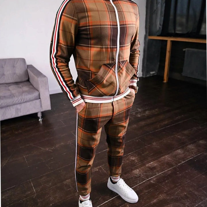 Men's Plaid Side-Stripe Two-Piece Jogging Tracksuit - Orange