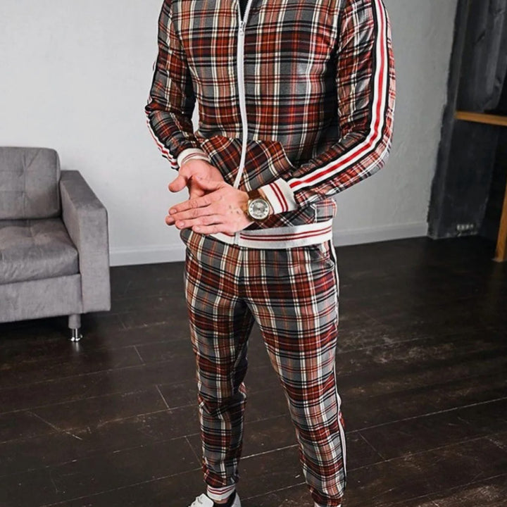 Men's Plaid Side-Stripe Two-Piece Jogging Tracksuit - Khaki
