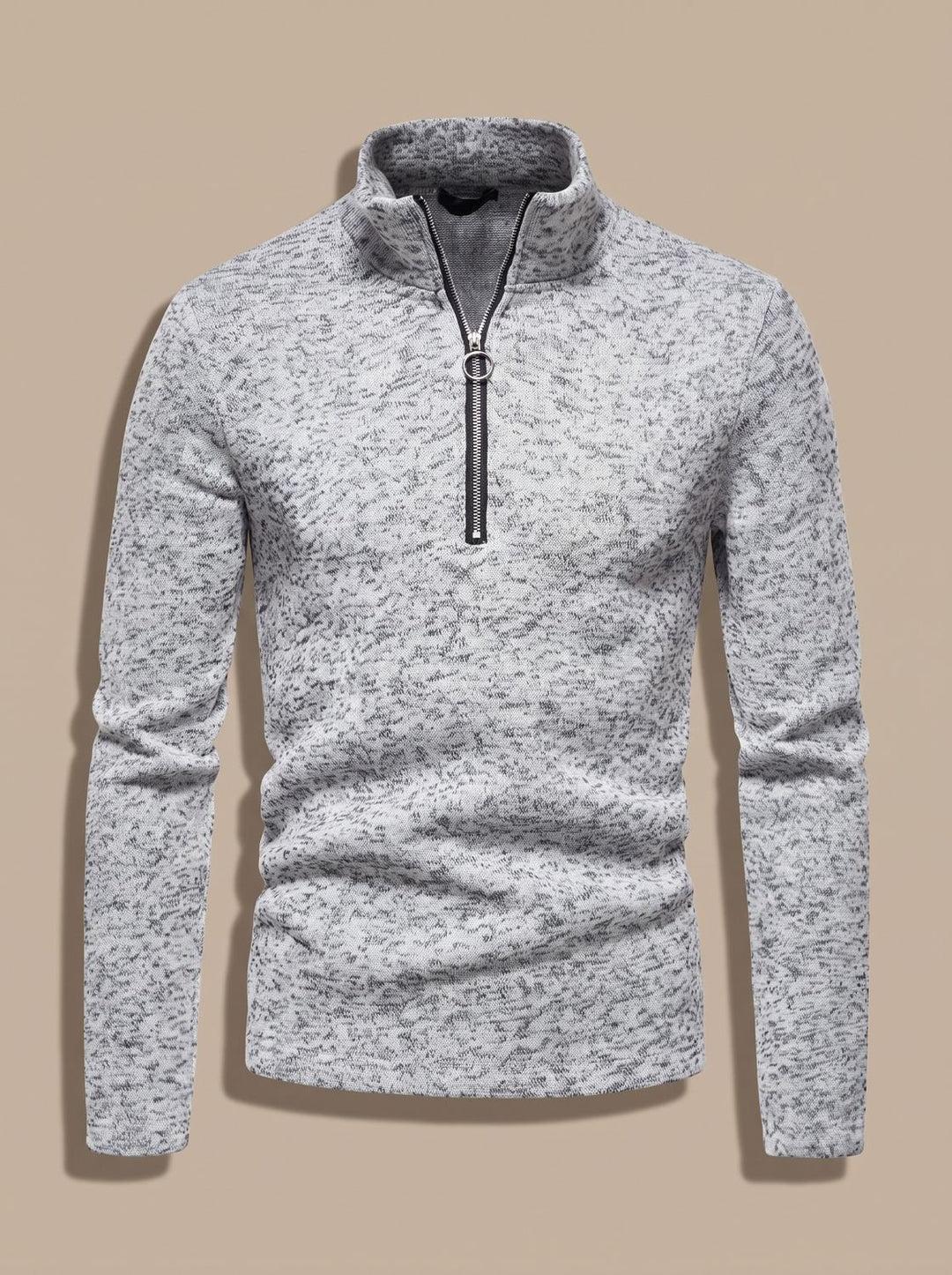 Men's Quarter-Zip Fine Knit Pullover Sweater Stand Collar Regular Fit - Light Gray