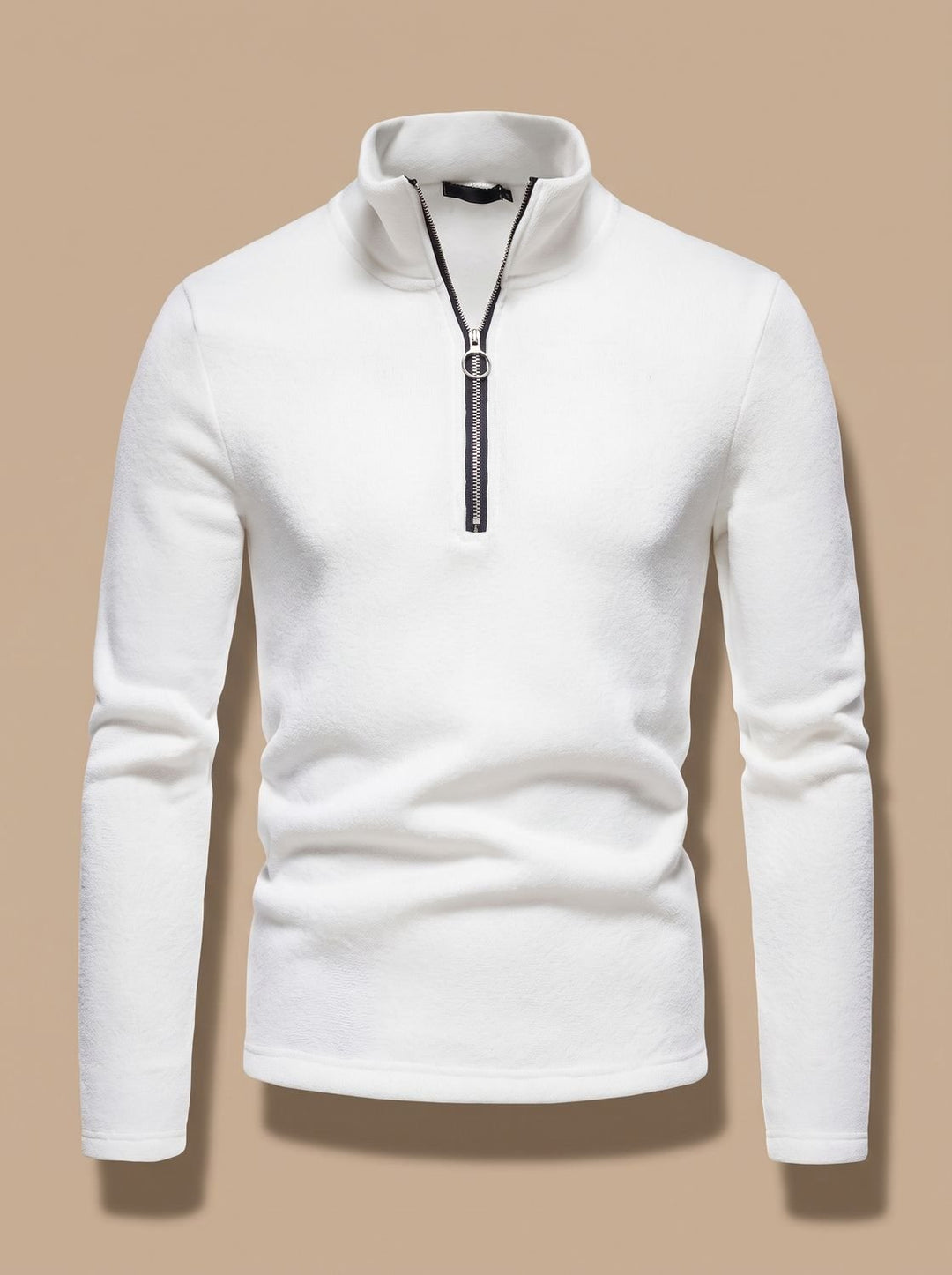 Men's Quarter-Zip Fine Knit Pullover Sweater Stand Collar Regular Fit - White