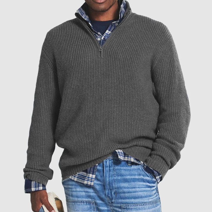 Men's Quarter-Zip Ribbed Knit Sweater Business Casual Pullover - Gray