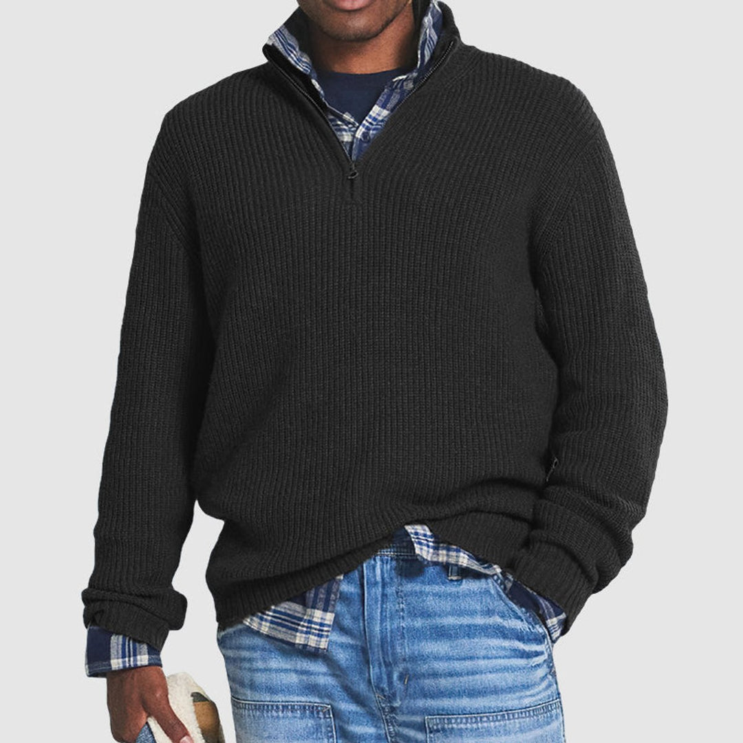 Men's Quarter-Zip Ribbed Knit Sweater Business Casual Pullover - Black