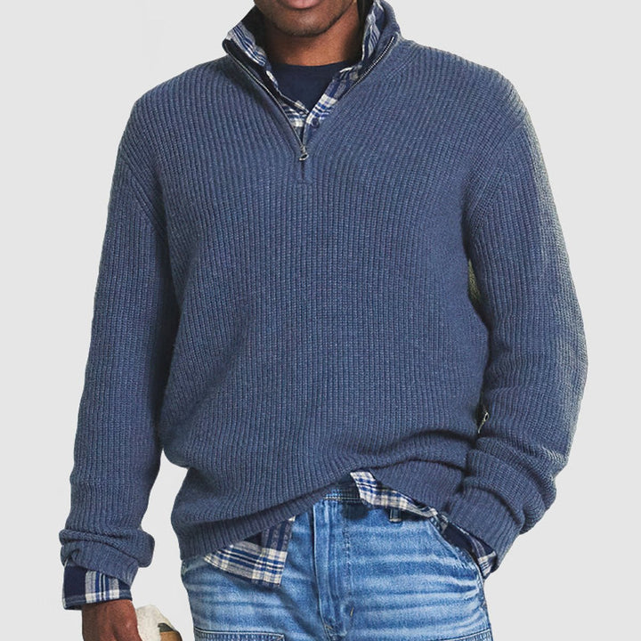 Men's Quarter-Zip Ribbed Knit Sweater Business Casual Pullover - Blue