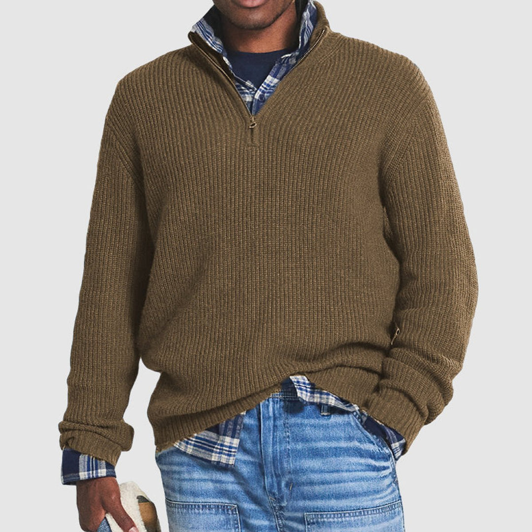 Men's Quarter-Zip Ribbed Knit Sweater Business Casual Pullover - Brown