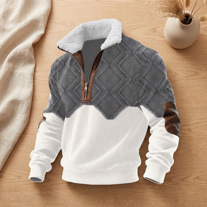 Men's Quarter-Zip Turtleneck Fleece-Collar Colorblock Sweater - White-Grey