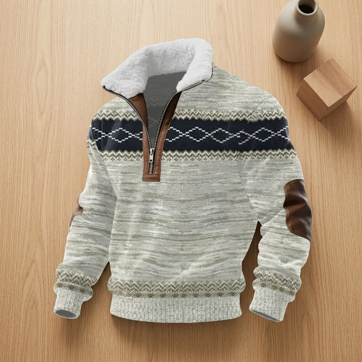 Men's Quarter-Zip Turtleneck Fleece-Collar Colorblock Sweater - Beige