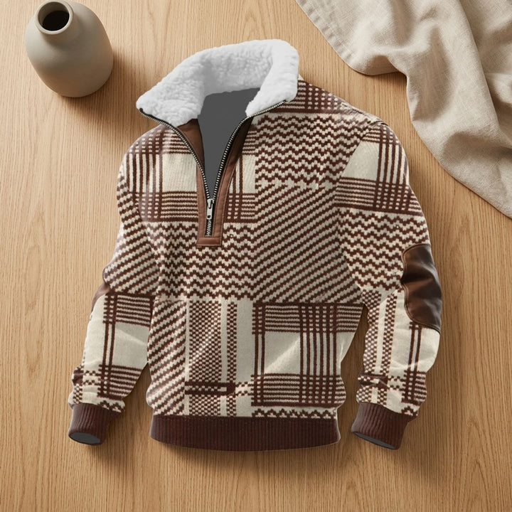 Men's Quarter-Zip Turtleneck Fleece-Collar Colorblock Sweater - Brown-White