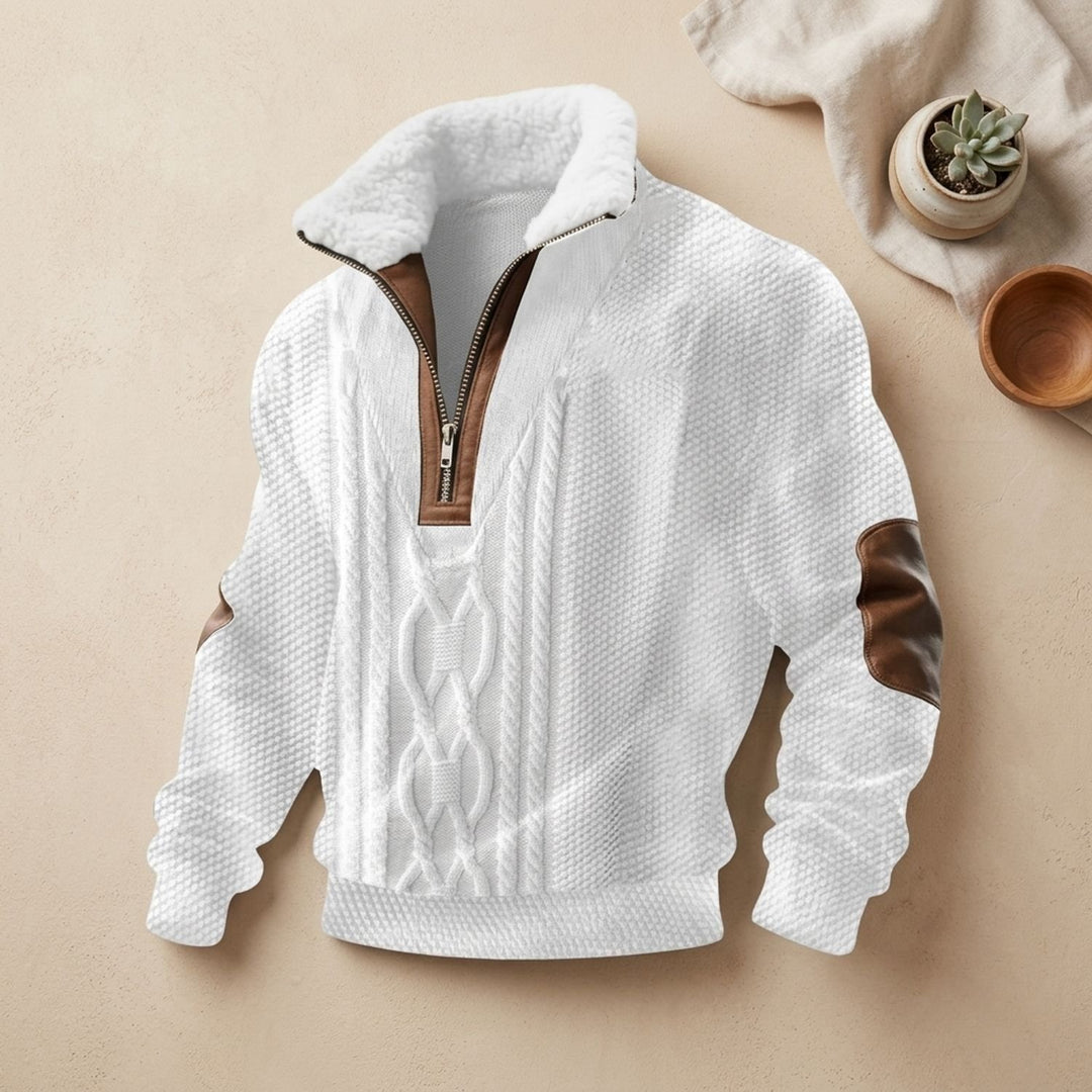 Men's Quarter-Zip Turtleneck Fleece-Collar Colorblock Sweater - White