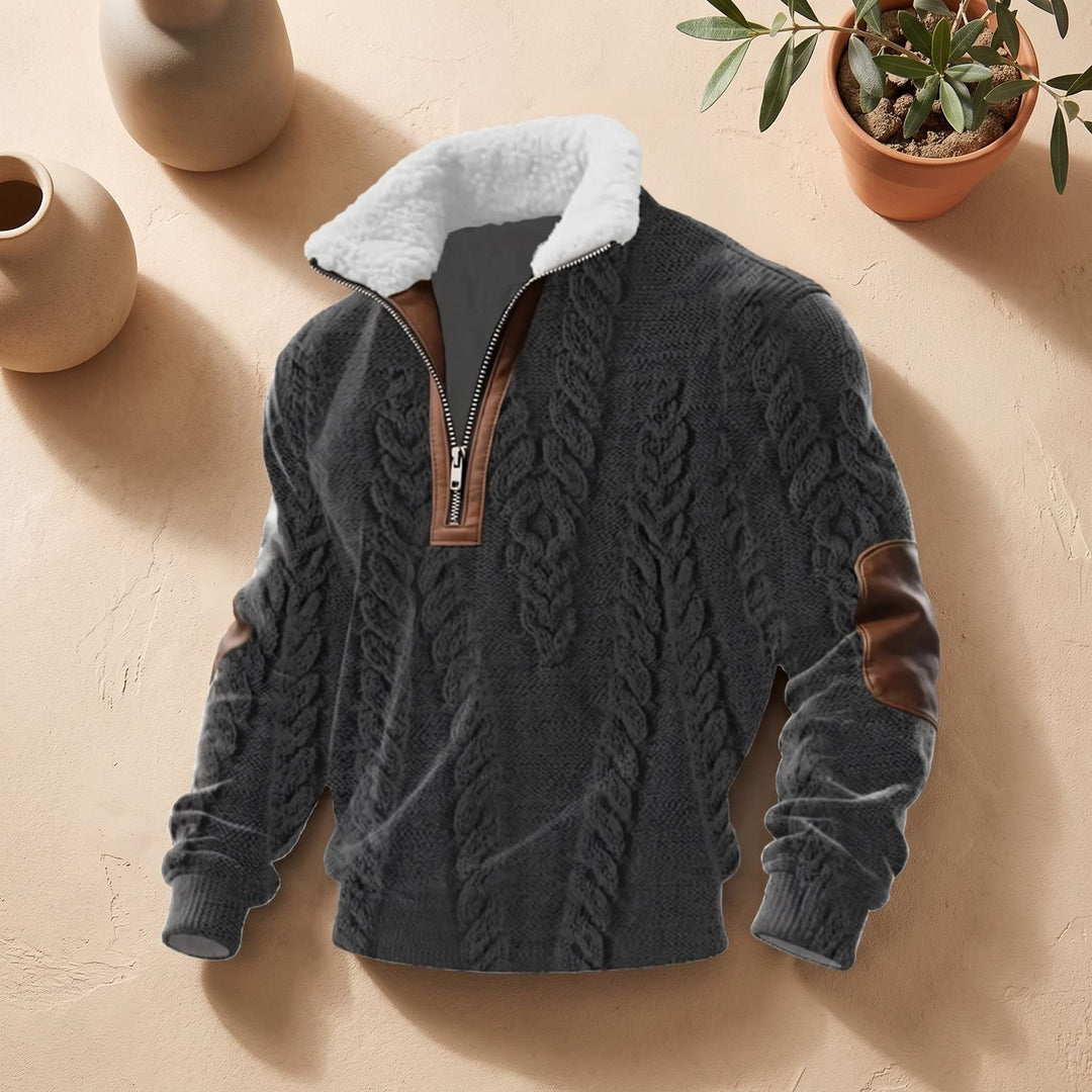 Men's Quarter-Zip Turtleneck Fleece-Collar Colorblock Sweater - Black