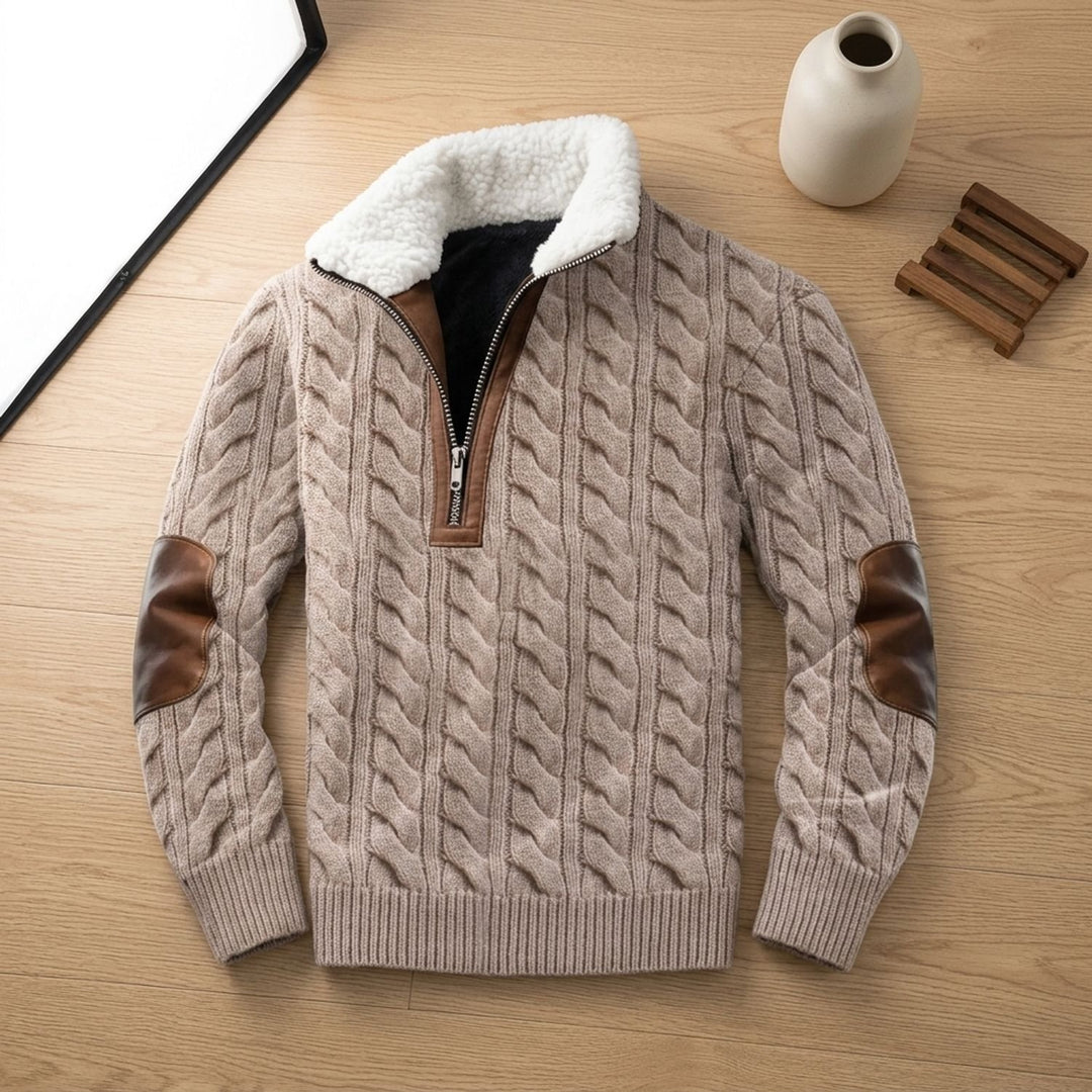 Men's Quarter-Zip Turtleneck Fleece-Collar Colorblock Sweater - Khaki