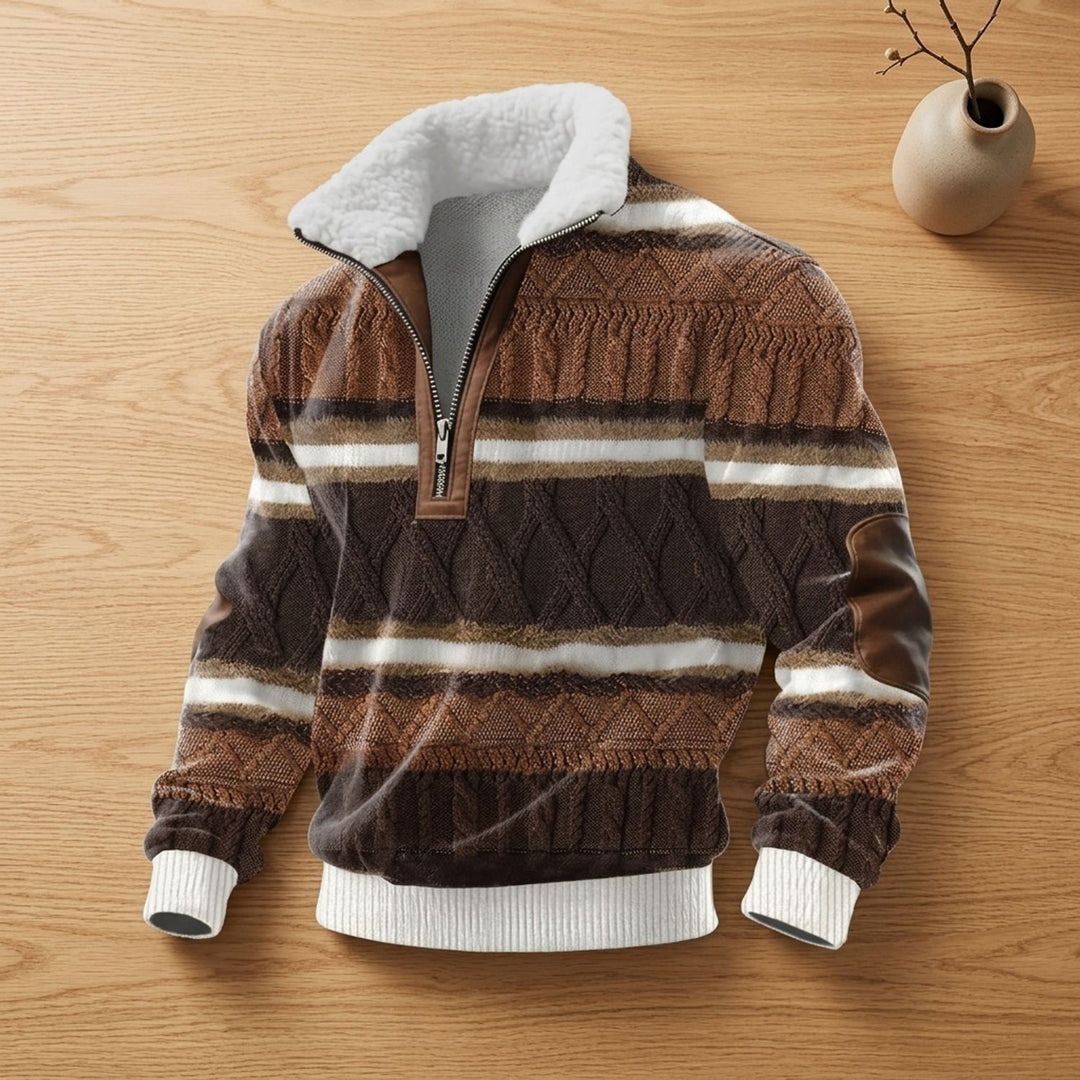 Men's Quarter-Zip Turtleneck Fleece-Collar Colorblock Sweater - Brown-Grey