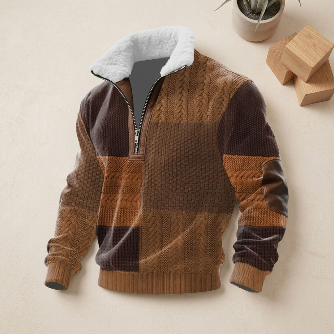 Men's Quarter-Zip Turtleneck Fleece-Collar Colorblock Sweater - Dark Brown