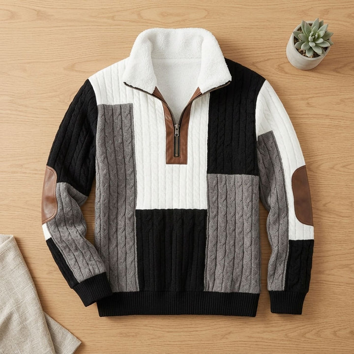Men's Quarter-Zip Turtleneck Fleece-Collar Colorblock Sweater - Black-White