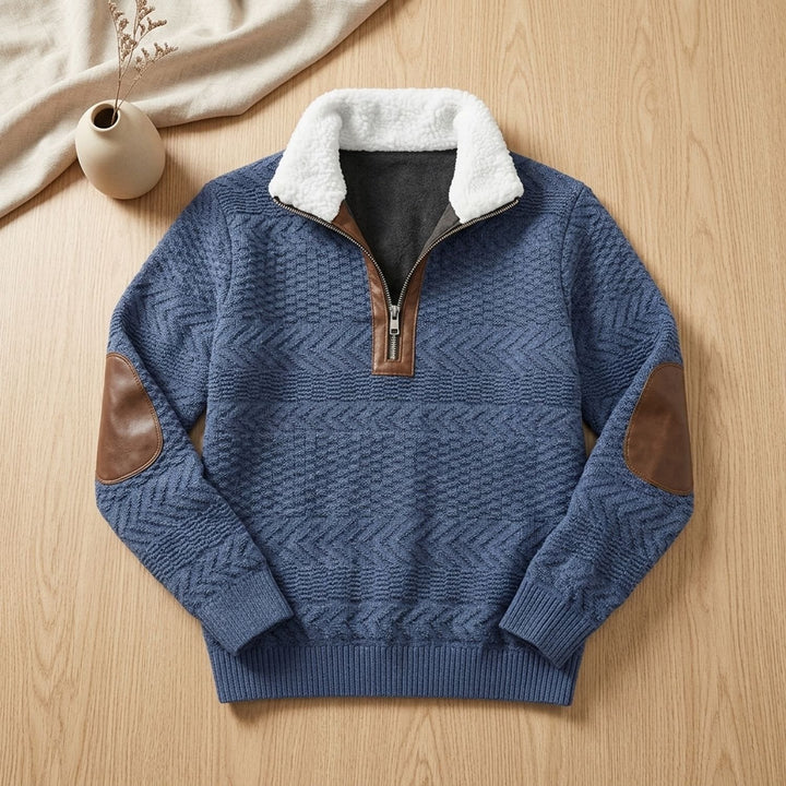 Men's Quarter-Zip Turtleneck Fleece-Collar Colorblock Sweater - Blue
