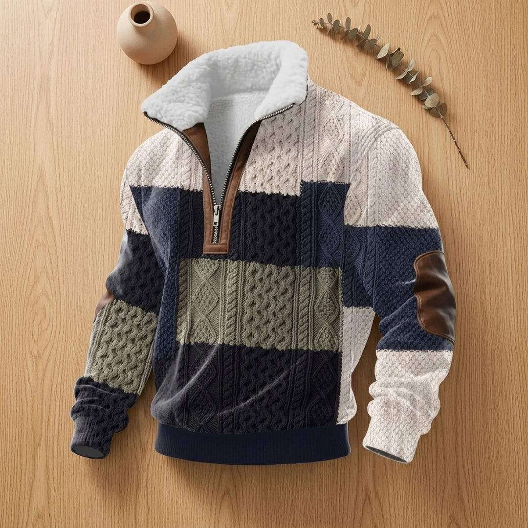 Men's Quarter-Zip Turtleneck Fleece-Collar Colorblock Sweater - Green-White