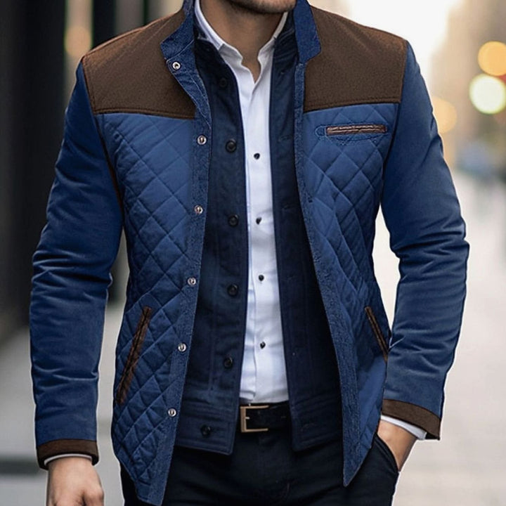 Men's Quilted Color Block Stand-Collar Snap-Front Jacket - Brown