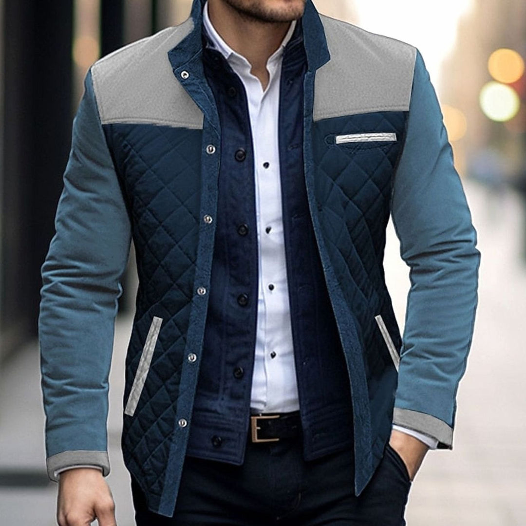 Men's Quilted Color Block Stand-Collar Snap-Front Jacket - Khaki