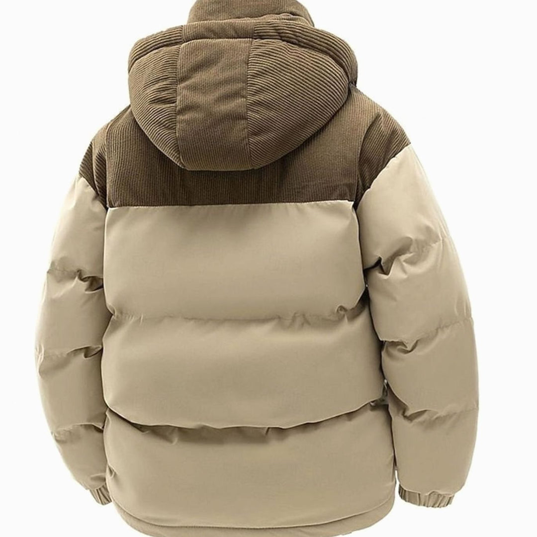 Men's Quilted Hooded Puffer Jacket Two-Tone Corduroy Trim