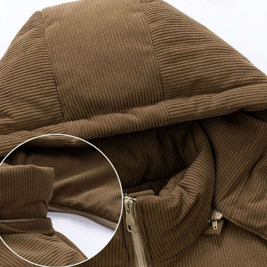 Men's Quilted Hooded Puffer Jacket Two-Tone Corduroy Trim