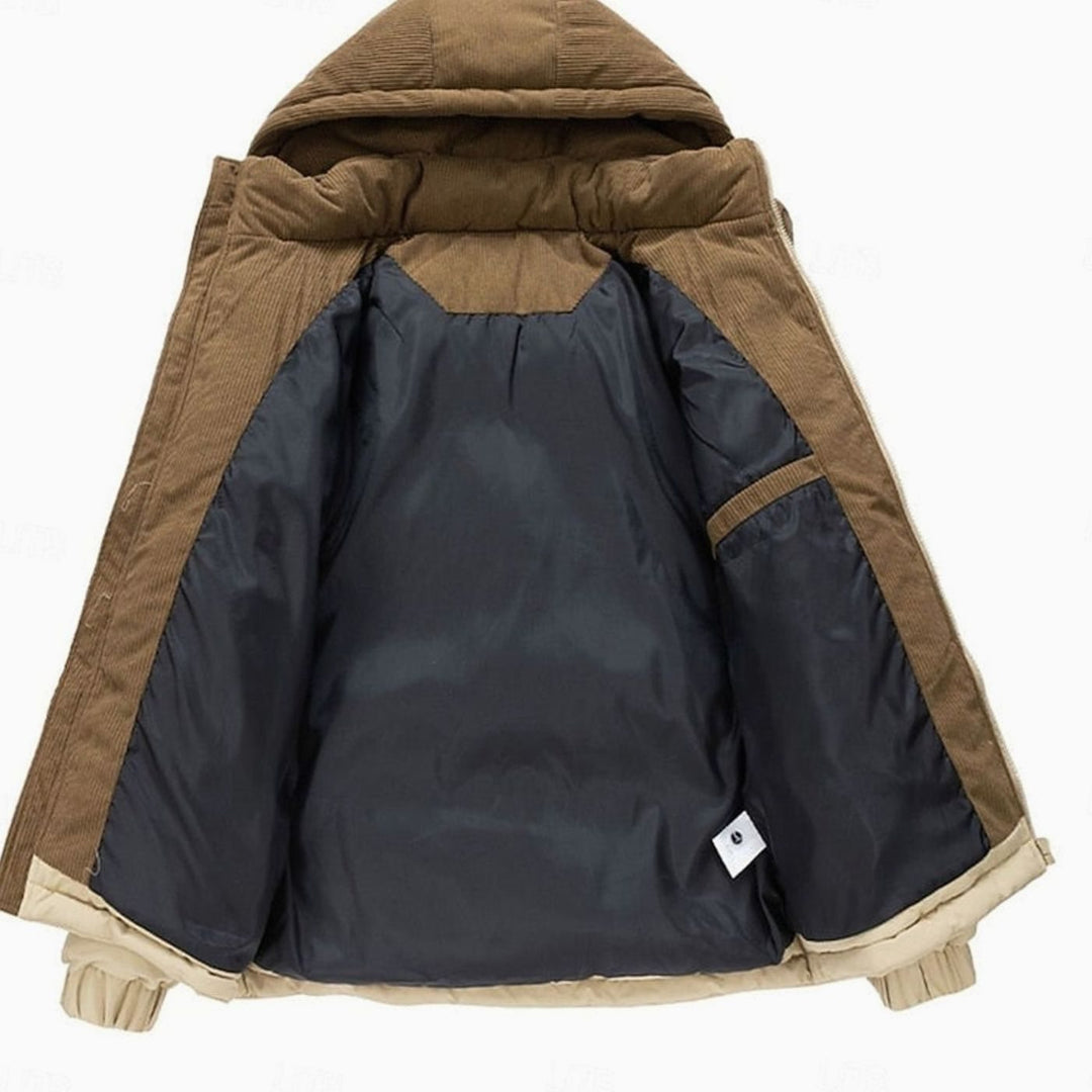 Men's Quilted Hooded Puffer Jacket Two-Tone Corduroy Trim