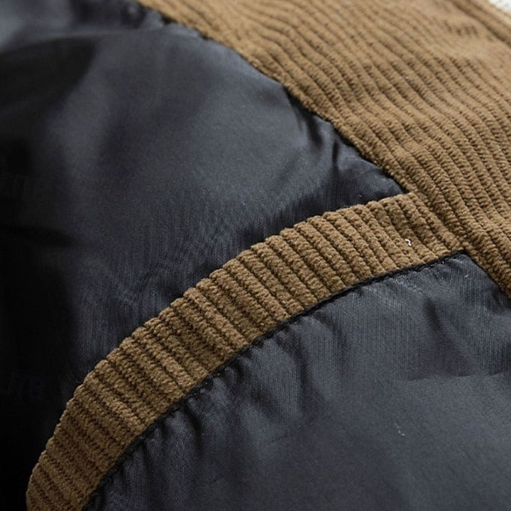 Men's Quilted Hooded Puffer Jacket Two-Tone Corduroy Trim